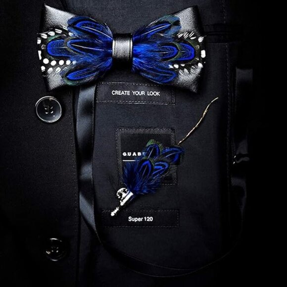 Men's Natural Feather Pre-Tied Bow tie & Lapel Pin - Picture 3 of 5